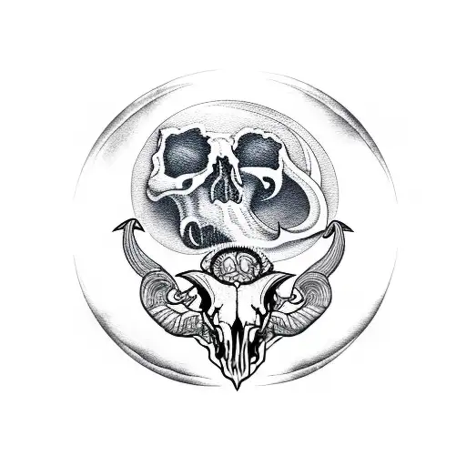 A sinister-looking moon with occult symbols and an intricate goat skull tattoo design idea