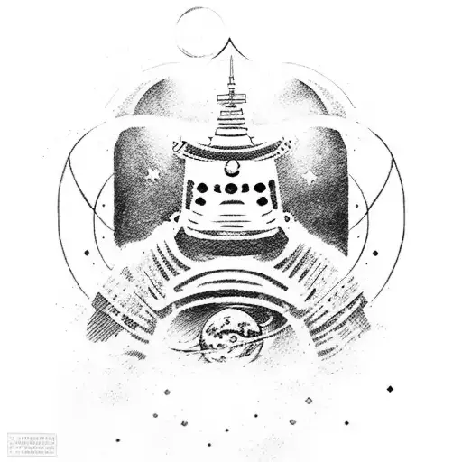 Japanese samurai and temple and astronaut and solar space system and nature background forearm half sleeve tattoo design idea