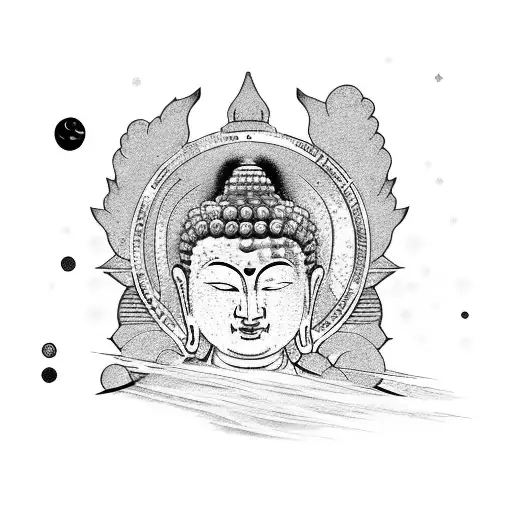 Buddha with samurai and temple and astronaut and solar space system and nature background forearm half tattoo design idea