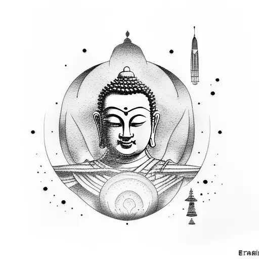 Buddha and Japanese samurai and temple and astronaut and solar space system and nature background forearm half sleeve tattoo design idea