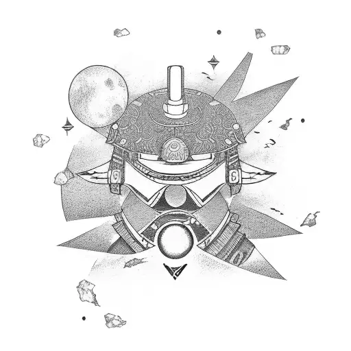 Japanese samurai and solar space system and nature background forearm half sleeve tattoo design idea