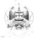 Japanese samurai and temple and astronaut and solar space system and nature background forearm half sleeve tattoo design idea