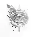 Japanese samurai and temple and astronaut and solar space system and nature background forearm half sleeve tattoo design idea