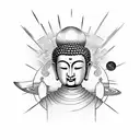 Buddha with samurai and temple and astronaut and solar space system and nature background forearm half tattoo design idea