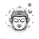 Buddha with samurai and temple and astronaut and solar space system and nature background forearm half tattoo design idea