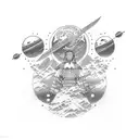 Japanese samurai and solar space system and nature background forearm half sleeve tattoo design idea