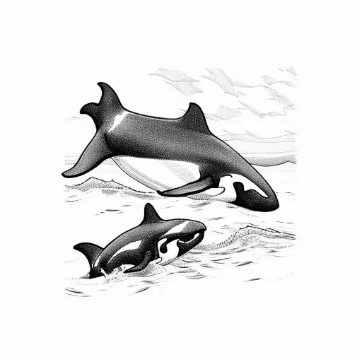 two killer whales, one is larger, the other is quite small, they are swimming in the ocean towards a lighthouse tattoo design idea