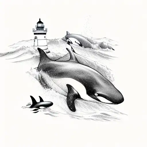 two orca whales, one is larger, the other is quite small, swimming to a lighthouse, the Viking symbol for father and son tattoo design idea