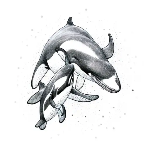 2 orca whales, perfectly textured, Viking symbol for father and son, lighthouse tattoo design idea