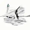 two orca whales, one is larger, the other is quite small, swimming to a lighthouse, the Viking symbol for father and son tattoo design idea