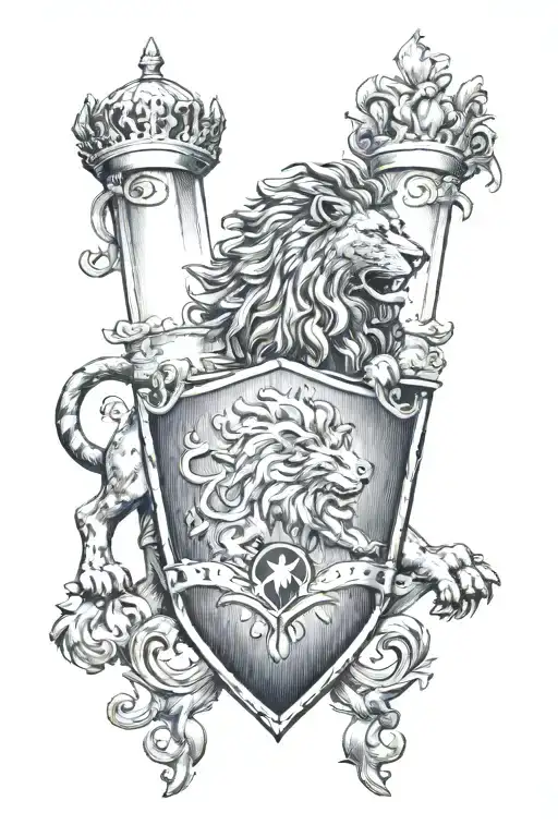 Coat of arms on a knight's full-length shield with an image of a lion's paw on the sleeve tattoo design idea