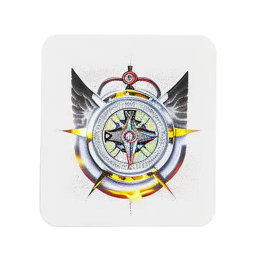 poker cards with an eagles above and a cross figures of a watch and a compass, all sourounded by flames tattoo design idea