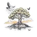 oak tree with mountains and birds  tattoo design idea