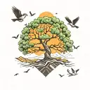 oak tree with mountains and birds  tattoo design idea