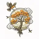 oak tree with mountains and birds  tattoo design idea