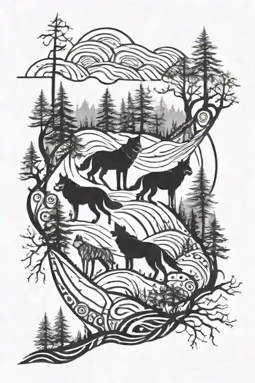 wolf pack in the forest landscape tattoo design idea