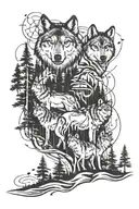 wolf pack in the forest landscape tattoo design idea