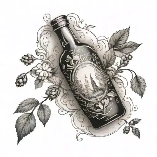 An intricate dotwork tattoo of a bottle of alcohol surrounded by nature elements tattoo design idea
