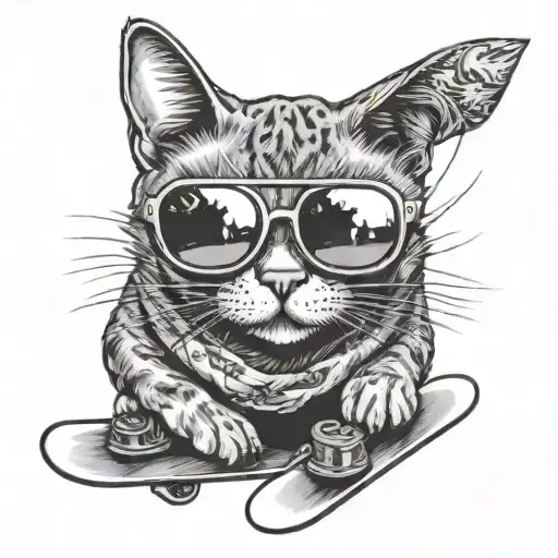 A black and grey tattoo of a cat wearing sunglasses and riding a snowboard tattoo design idea