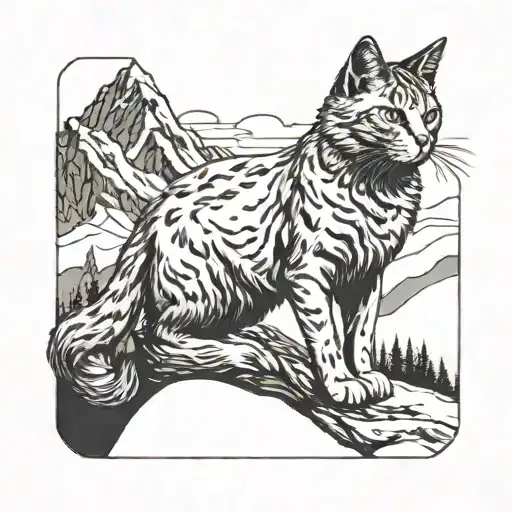A tarot card design with a cat as the main figure, set in a snowy mountain landscape tattoo design idea