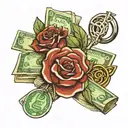 money with wedding ring surrounded tattoo design idea