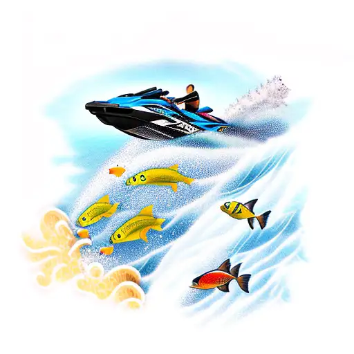 A tattoo of a seadoo jet ski jumping over a waterfall, with fishes swimming beneath tattoo design idea