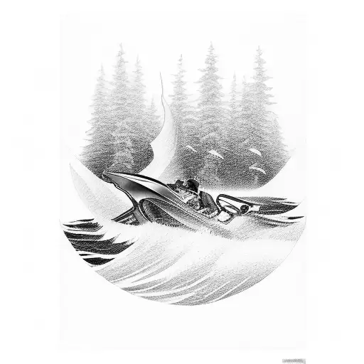 A tattoo of a lancha and jet sky racing through a river with a waterfall in the background tattoo design idea