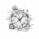 A sand clock with intricate travel-themed details tattoo design idea