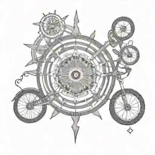 A black-grey tattoo of a bike wheel transformed into a mandala, representing the client's passion for cycling and spiritual growth tattoo design idea