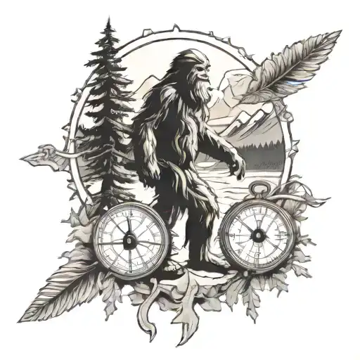 sasquatch and compass and hiking tattoo design idea