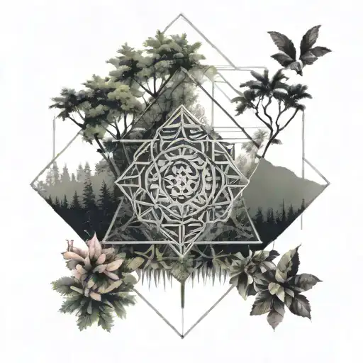 sacred geometry, forest, Mayan, grounding tattoo design idea