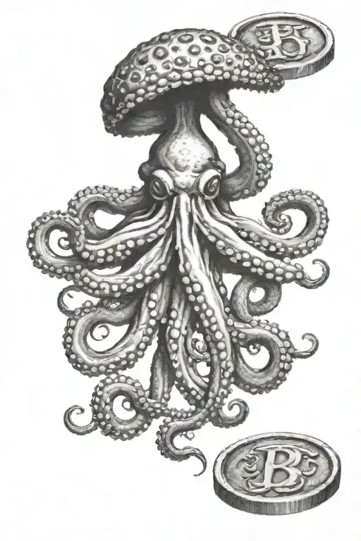 octopus holging roman coin with dog print engraved tattoo design idea