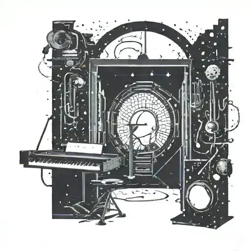 A silhouette of a vault door opening to reveal a concert stage with musical instruments scattered around tattoo design idea