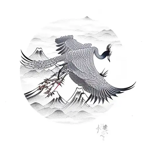 crane, Japanese mountains, red sun, Sakura  tattoo design idea