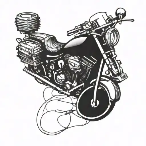 Incorporate a detailed motorcycle engine design into a Route 66 road sign tattoo design idea