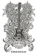 electric guitar combine with gretsch logo incorporated tattoo design idea