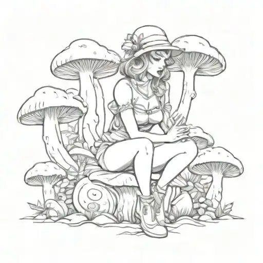 a pinup style woman kneeling  with a mushroom hat on her head tattoo design idea