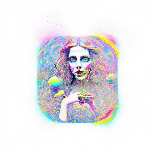 A psychedelic scene of Alice in Wonderland surrounded by magical mushrooms and Pink Floyd references tattoo design idea