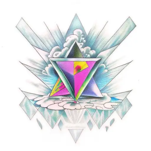 A traditional tattoo design featuring Pink Floyd's iconic prism album cover merged with imagery from Alice in Wonderland and magic mushrooms tattoo design idea