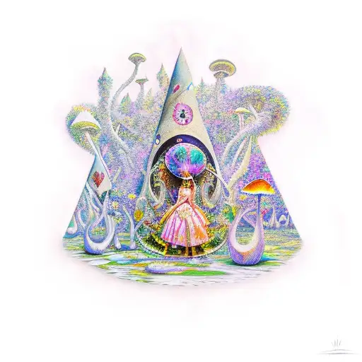 A psychedelic scene of Alice in Wonderland surrounded by magical mushrooms and Pink Floyd references tattoo design idea
