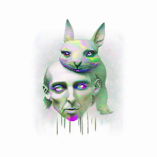 A psychedelic scene of Alice in Wonderland surrounded by magical mushrooms and Pink Floyd references tattoo design idea