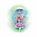 A psychedelic scene of Alice in Wonderland surrounded by magical mushrooms and Pink Floyd references tattoo design idea