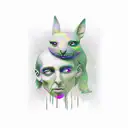 A psychedelic scene of Alice in Wonderland surrounded by magical mushrooms and Pink Floyd references tattoo design idea