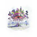 A psychedelic scene of Alice in Wonderland surrounded by magical mushrooms and Pink Floyd references tattoo design idea