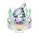 A psychedelic scene of Alice in Wonderland surrounded by magical mushrooms and Pink Floyd references tattoo design idea