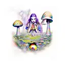 A psychedelic scene of Alice in Wonderland surrounded by magical mushrooms and Pink Floyd references tattoo design idea