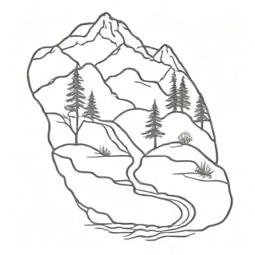 Outdoor hiking trail tree stream splits the mountain tattoo design idea