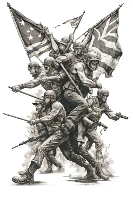 An image of a strike or a rebellion. Many people shouting and march together while some of them having flags or banners. tattoo design idea