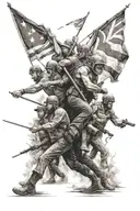 An image of a strike or a rebellion. Many people shouting and march together while some of them having flags or banners. tattoo design idea