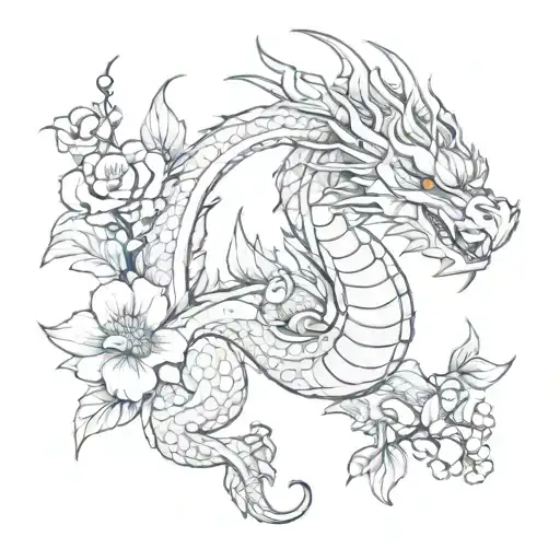 Full body small dragon tattoo with flowers going tattoo design idea